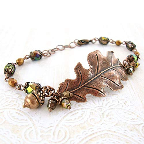 Autumn Oak Leaf Bracelet with Iridescent Green Czech Glass Beads Adjustable from 7 to 8 Inches Autumn Oak Leaf Bracelet with Iridescent Green Czech Glass Beads Adjustable from 7 to 8 Inches