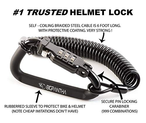 Motorcycle Helmet Lock & Cable. Sleek Black Tough Combination PIN Locking Carabiner Device Secures Your Motorbike, Bicycle or Scooter Crash Hat (and Jacket) to Your Bike.