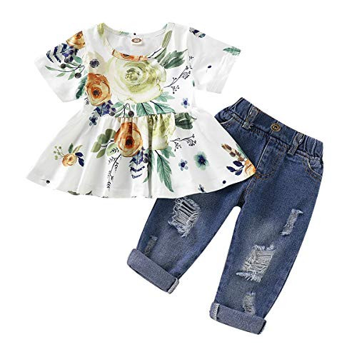 NZRVAWS Toddler Girl Short Sleeve Outfits Toddler Infant Summer Ruffle Clothes Floral T-Shirt Tops- Jeans for Girls Ripped Jeans Denim Pant Set