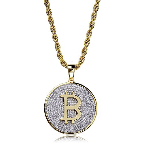 TOPGRILLZ Hip Hop Fully Iced Out CZ Cluster Simulated Diamond 14K Gold Plated Bitcoin Cryptocurrency Pendant Necklace with 24 Stainless Chain -Brass