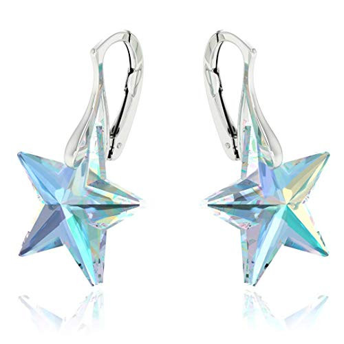 Royal Crystals Sterling Silver 925 Aurora Borealis AB Iridescent Leverback Star Dangle Earrings Made with Swarovski Crystals Royal Crystals Sterling Silver 925 Aurora Borealis AB Iridescent Leverback Star Dangle Earrings Made with Swarovski Crystals
