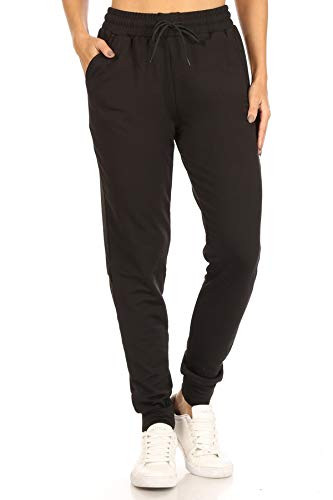 Leggings Depot JFL128-BLACK-M Fleece Lined Solid Jogger Track Pants w-Pockets  Medium