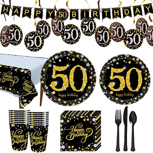 Trgowaul 50th Birthday Party Supplies - Black and Gold Disposable Paper Plates  Napkins  Cups  Tablecover  Forks  Knives and Spoons for 16 Guests and
