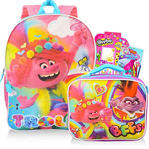 Trolls World Tour Backpack and Lunch Bag 5 Pc Set for Girls Kids ~ 16 Trolls Backpack  Lunch Bag  Door Hanger  Stickers and More -Trolls School Suppl