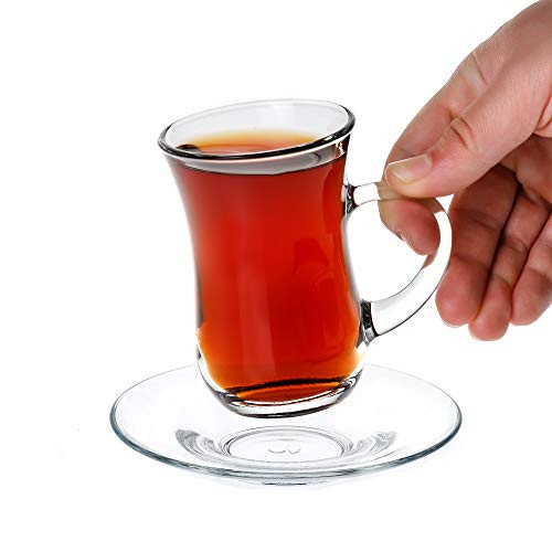 Small Turkish Tea Set 12 Piece Modern Turkish Tea Glasses and Saucers Set  6 PCs 4-9 oz -145 cc- Clear Glass Tea Cups with Handle and 6PCs Glass Saucers