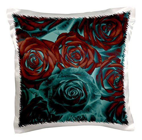 3dRose pc-116212-1 Turquoise and Red Roses Abstract Digital Nature Art - Pillow Case  16 by 16