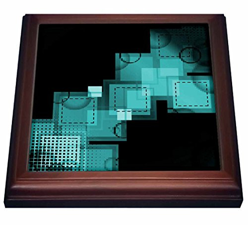 3dRose Turquoise Squares Stitched and Digital Abstract Art-Trivet with Ceramic Tile  8 x 8  Brown