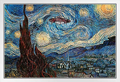 UFO Sighting On A Starry Night Vincent Van Gogh Humor Art White Wood Framed Poster 14x20
