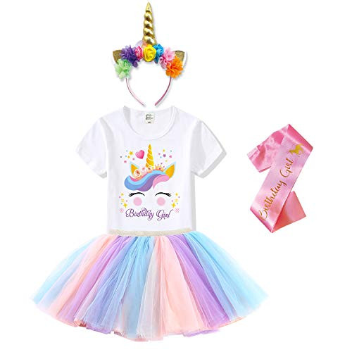 Unicorn Headband  T-Shirt  Tutu Dress and Satin Sash- Unicorn Birthday Party Outfit for Girls -Birthday Girl 2  7 Years-