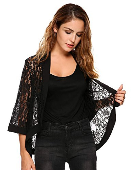Grabsa Womens 3 4 Sleeve Lace Cardigan Sheer Jacket Crochet Cover up Black  XX-Large