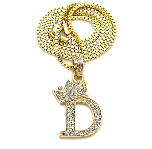Fashion 21 Unisex Small Size Pave Crown Tilted Initial Alphabet Letter Pendant 2mm 24 Box Chain Necklace in Gold  Silver Tone -D - Gold Tone-
