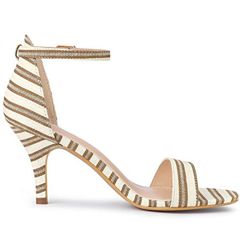 Allegra K Womens Stripe Ankle Strap Beige Stripe Stiletto Heel Sandals 9 M US