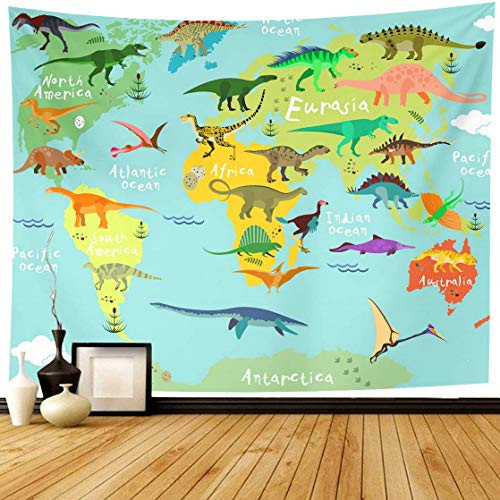Dinosaur Map Tapestry for Kids Educational  Animal Landmarks World Map Wall Hanging for Bedroom Living Room Dorm  60 x 50