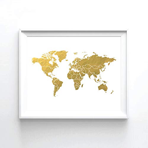 World Map II Gold Foil Art Print Map of the World Gold Foil Print -08 x 10 UNFRAMED-