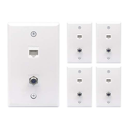 VCE 5-Pack 2 Port Cat6 Keystone Jack and RG6 Keystone Jack Insert Wall Plate UL Listed