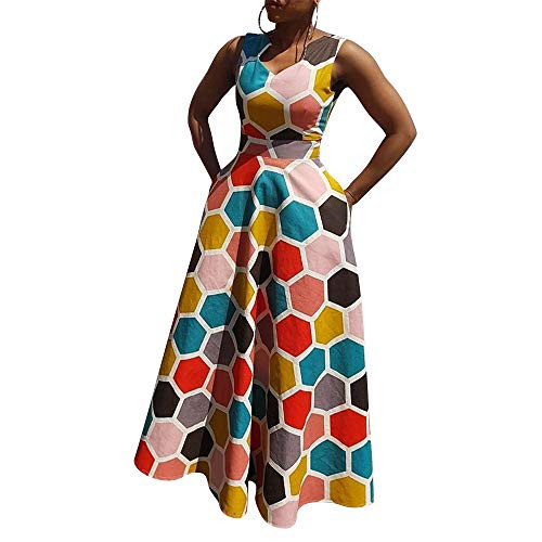 VERWIN Print Sleeveless Color Block Floor-Length High Waist Pullover Maxi Dress L VERWIN Print Sleeveless Color Block Floor-Length High Waist Pullover Maxi Dress L