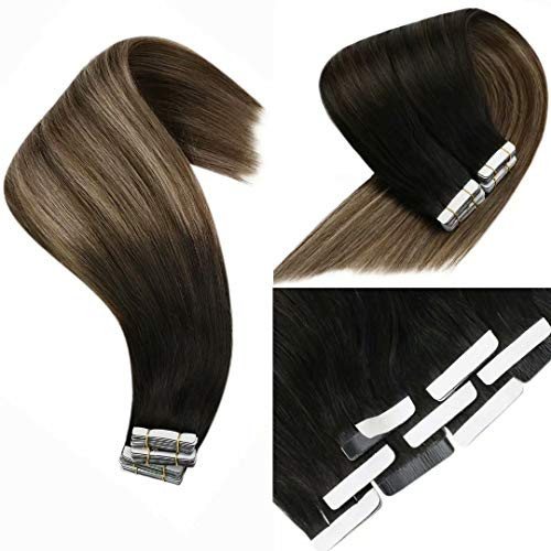 VeSunny Tape in Hair Extensions Human Hair Ombre Black to Brown with Ash Blonde Highlights Tape in Real Human Hair Extensions Balayage 20 Pcs 50G-Set