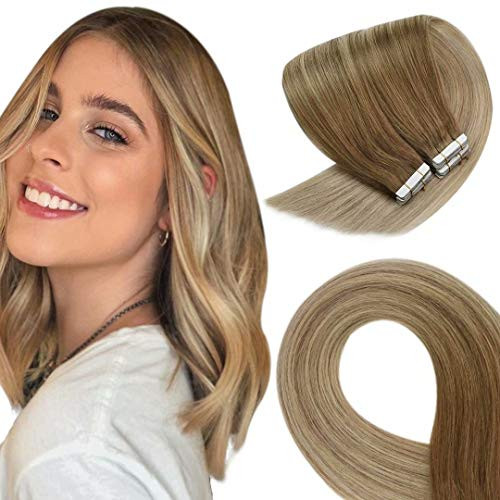 VeSunny Tape in Hair Extensions Balayage Medium Brown Ombre Ash Blonde Highlighted Remy Human Hair Extensions Tape in 14inch Soft Invisible Hair Exten VeSunny Tape in Hair Extensions Balayage Medium Brown Ombre Ash Blonde Highlighted Remy Human Hair Extensions Tape in 14inch Soft Invisible Hair Exten