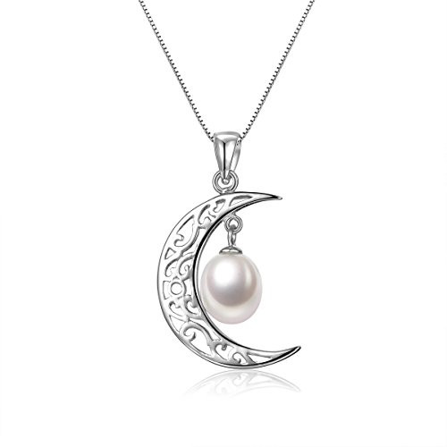 Pearl Necklace 925 Sterling Silver Crescent Moon with 7-8mm Freshwater Cultured Pearl - VIKI LYNN