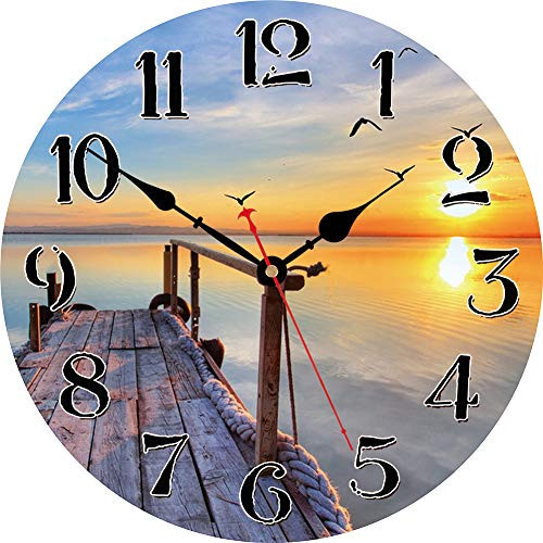 VIKMARI 14 Inch Silent Non-Ticking Wooden Round Wall Clock Big Arabic Numerals Wall Clocks Sunset by The Sea Beach Pattern Clock Battery Operated Home