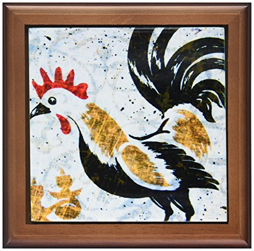 3dRose ft-11385-1 Vintage Rooster Digital Art by Angelandspot Framed Tile  8 by 8-Inch
