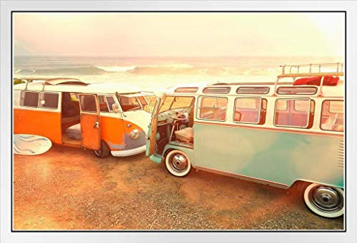 Vintage Vans Parked on Beach Photo Photograph White Wood Framed Poster 20x14 Vintage Vans Parked on Beach Photo Photograph White Wood Framed Poster 20x14