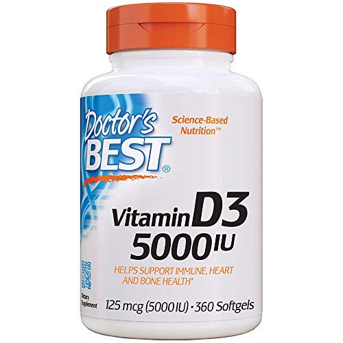 Doctors Best Vitamin D3 5 000 IU for Healthy Bones  Teeth  Heart and Immune Support  Non-GMO  Gluten-Free  Soy Free  360 Count -Pack of 1-