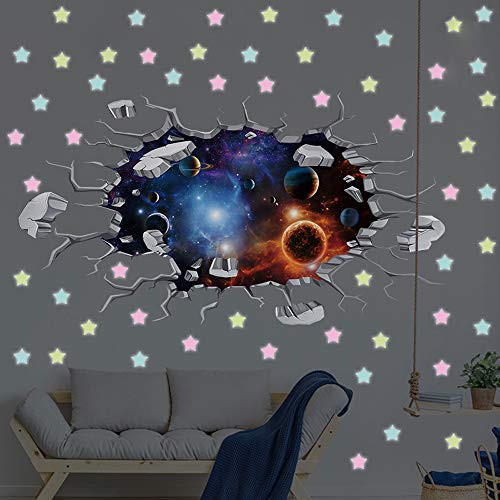 3D Wall Stickers Murals Art Decals Decorator Star Wolf Universe Scene with Planets Stars Starry Sky for Kids Bedroom Ceiling Living Room