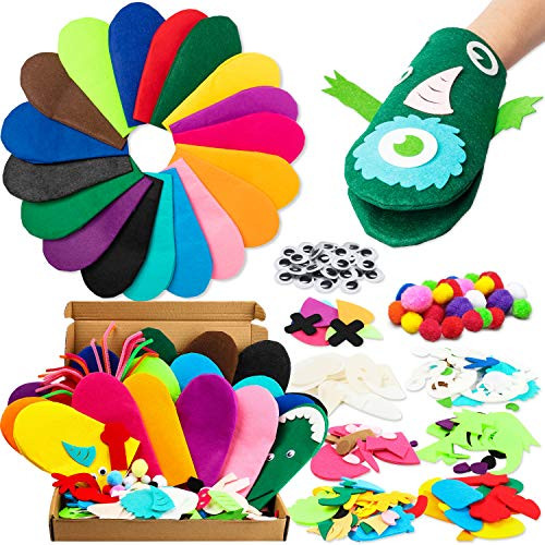 WATINC 18Pcs Hand Puppets Making Kit for Kids Art Craft Felt Sock Monster Puppet Creative DIY Make Your Own Puppets Pipe Cleaners Pompoms Storytelling