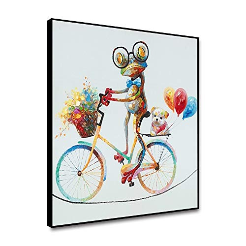 Cassisy Framed Canvas Wall Art Romantic Frog Wearing Glasses Ride A Bike Modern Home Wall Decor Canvas Animal Painting Printed Wall Poster For Living