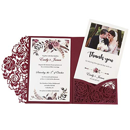 DORISHOME 4-7x7 Inch 25PCS Blank Burgundy Wedding Invitations Kits Laser Cut Hollow Rose Pocket Wedding Invitations with Envelopes For Wedding Bridal