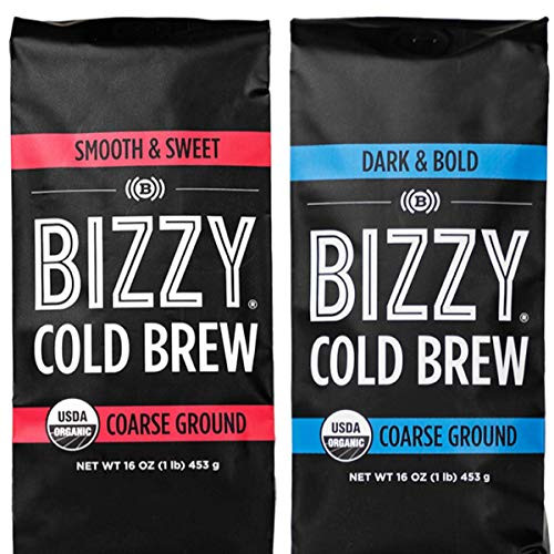 Bizzy Organic Cold Brew Coffee - Bundle - Coarse Ground Coffee - Smooth and Sweet 1 LB - Dark and Bold 1 LB - 2 Pack