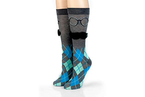 Hypnotic Socks Charcoal Argyle with 3D Mustache Mens Crew Socks - 1 Pair of Unique and Fun Grey Novelty Unisex Dress Socks - Perfect for Casual Wear or