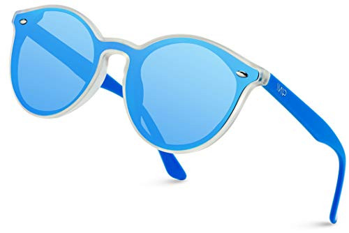 WearMe Pro - Round Flat Lens Retro Sunglasses -Clear Frame-Mirror Blue Lens-