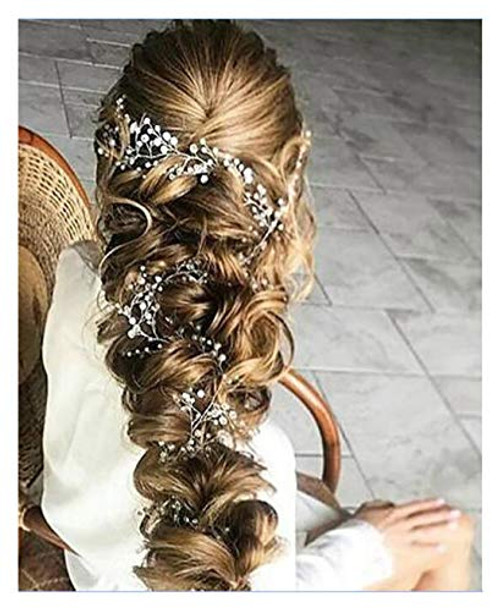 Chargances Wedding Bridal Hair Vine Pearl and Crystal Beads Long Headband Bridesmaid Boho Hair Accessories -Silver-