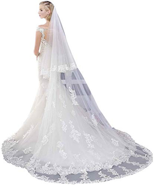 Elawbty Womens 2 Tier long Lace Wedding Veil Bridal Veil with Metal Comb White