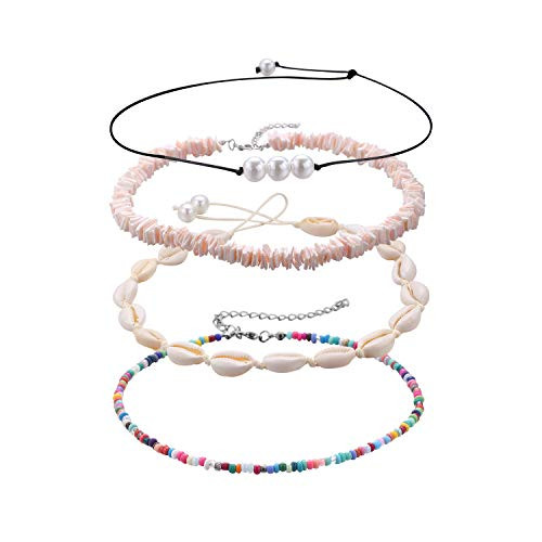 Bridget Bobby 4Pcs Shell Choker Necklace Chips Natural Puka Chips Shell Necklace Set for Women Girls Handmade Hawaii Beach Cowrie Seashell Pearl Choke