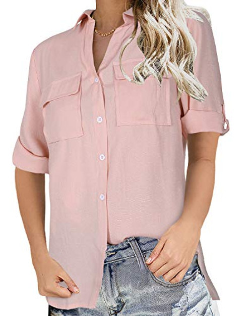 Niitawm Womens V Neck Blouse Shirts Button Down Short Sleeve Casual Loose Collared Tops with Pockets Pink