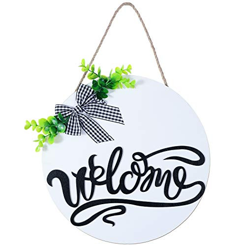 Jetec Welcome Sign Rustic Front Door Decor Round Wood Hanging Sign Wooden Farmhouse Sign Outdoor Hanging Vertical Sign for Farmhouse Front Porch Home
