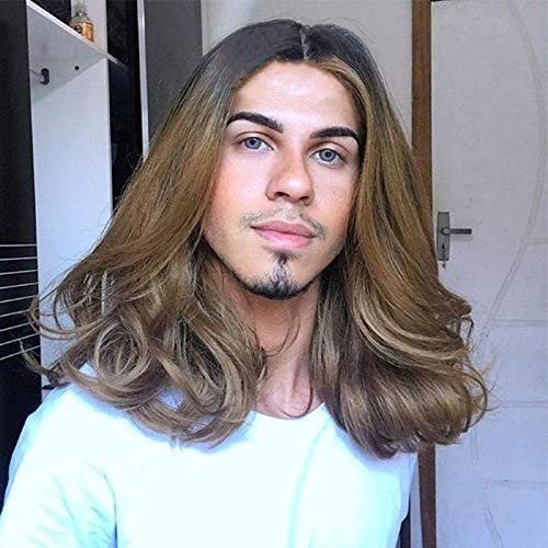 Baruisi Mens Wig Ombre Curly Long Brown Wig Synthetic Halloween Cospaly Costume Party Wigs for Male