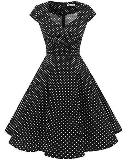 Bbonlinedress Women Short 1950s Retro Vintage Cocktail Party Swing Dresses Black Small White Dot XL