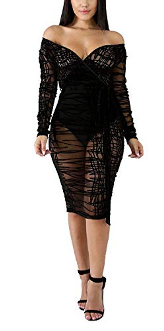 Women Sexy Lace Dress Mesh Sheer Off Shoulder Long Sleeve Bodycon Midi Party Club Dress Womens Sexy V Neck Bodycon Mesh See Through Long Sleeve Sheer