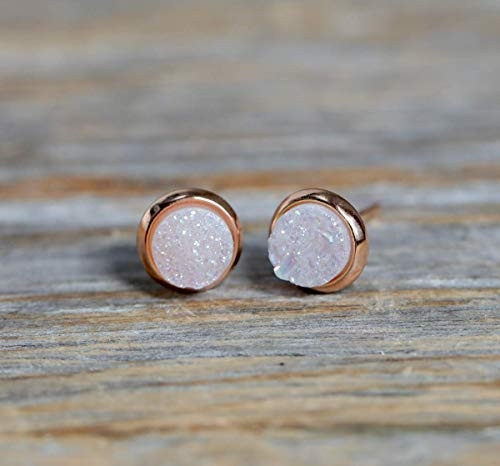 Opal White With a Hint of Pink- Round Druzy Quartz Gemstone Stud Earrings- Rose Gold- 7mm- Womens Jewelry Gift