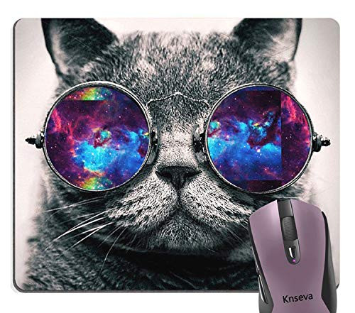 Knseva Cool Galaxy Cat Hipster Kitten Wearing Colored Sunglasses Gaming Mouse Pad Custom  Cute Grey Black Space Cat Funny Mouse Pads for Computers