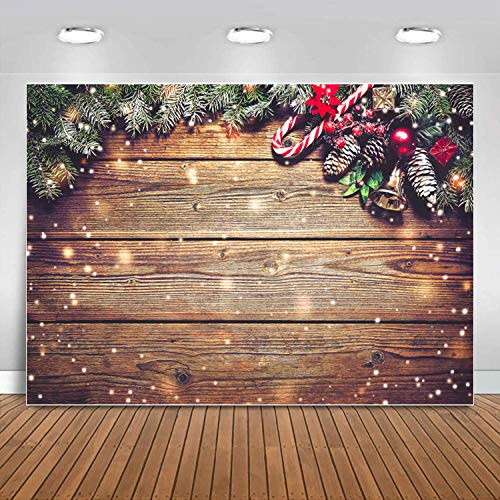 Sensfun 7x5ft Christmas Backdrop Gold Glitter Snowflake Christmas Wood Wall Photography Backdrop Xmas Rustic Barn Vintage Wooden Floor Background for