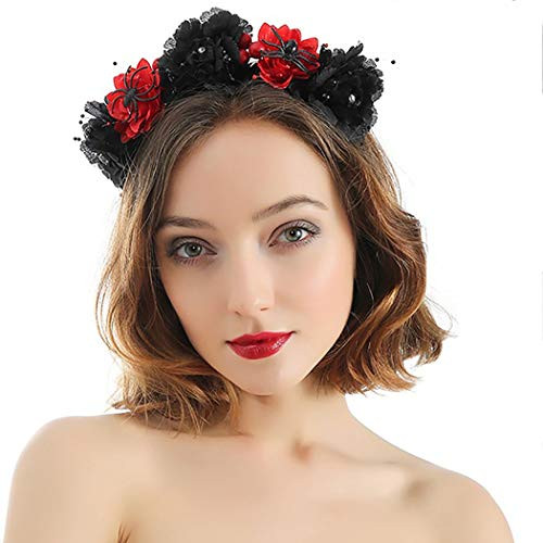 Woeoe Day of the Dead Headbands Black Costume Rose Flower Crown Halloween Spider Headband Accessory for Women and Girls