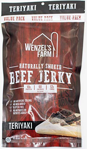 Wenzels Farm Teriyaki Beef Jerky 10 oz- - Value Pack - Naturally Smoked - No MSG  Fillers  Binders  Artificial Colors - Gluten Free