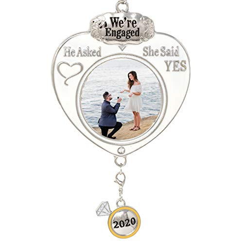 Were Engaged Christmas Ornament - Dated 2020 He Asked She Said Yes White Glitter Heart Shaped with Picture Opening - Add Wedding or Engagement Pict