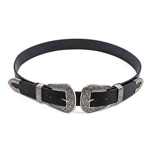 Western Belts for Women  Vintage Design Leather Belt with Western-style Buckle  Black Waist Belt for Pants Jeans Dresses -Black-Double buckle  25Inch-