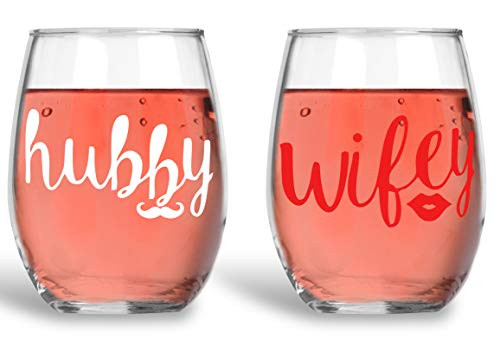 Hubby and Wifey Couples Sets - Funny 15oz Crystal Wine Glass - Stemless Wine Glasses - Perfect idea for Wedding and Anniversaries Gifts